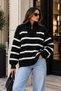 Women's Striped Zippered High Collar Oversize Knitwear Sweater