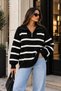 Women's Striped Zippered High Collar Oversize Knitwear Sweater - 2