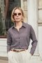 Women's Patterned Lycra-Free Fabric Collared Off-Shoulder Long Sleeve Shirt - Coffee Stripe - 5