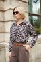 Women's Patterned Lycra-Free Fabric Collared Off-Shoulder Long Sleeve Shirt - Gray Leopard - 2