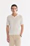 Men's Ecru Polo Collar Buttonless Textured Knitwear Regular Fit T-Shirt A61Y5033