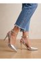 Women's Silver Pointed Toe Ankle Strap Thin Heel Shoes