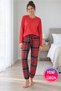 Women's Red Long Sleeve Pajama Set – Button Crew Neck, Elastic Leg Plaid Bottom