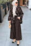 Women's Floral Patterned Oversize Jacket and Wide Leg Pants Denim Hijab Set 3850 Brown - Premium Series - 2