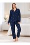 Women's Milan Fabric Navy Blue Moon Star Night Themed Shirt Collar Buttoned Long Sleeve Winter Pajamas Set