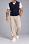 Men's Navy Blue Standard Fit Regular Cut V-Neck Knitwear Sweater - 3