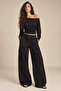 Women's Black Off-Shoulder Boat Neck Long Sleeve Draped Waist Blouse - 6