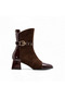 Brown Suede Patent Leather Mixed Gold Buckle Women's Boots – 5 cm Heels