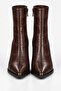 Women's Croco Brown Pointed Toe Thick Heel Side Zipper Heeled Boots - 4