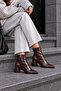 Women's Croco Brown Pointed Toe Thick Heel Side Zipper Heeled Boots - 7