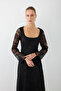Square Neckline Cordone Lace Long Evening Dress - Black - 6