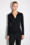 Polo Collar Knitted Cotton Blouse - Black