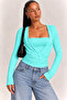Square Neck Gathered Turquoise Long Sleeve Blouse - 2