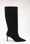 Women's Black Suede Pointed Toe Thin Heel Mid-Calf Boots with Stitching Detail - 2