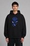 Blue Thorny Rose Design Pre-Printed Oversize Black Hooded Sweatshirt