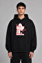 Goodmornıng Cat Design Pre-Printed Oversize Black Hooded Sweatshirt
