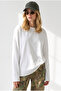 Women's White Crew Neck Modal Buttoned Draped Basic Sweatshirt Swt-19000803