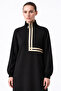 High Collar Zippered Black Long Dress with Stripe Detail 12732