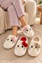 Women's 3-Piece Powder Red Beige Hello Motif Bow Detailed Furry 3 cm Home Slipper Set Byndset11 - 3
