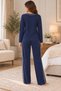 Women's 100% Cotton White Interlock Pocketless Navy Blue Long Sleeve Pajama Set - 4