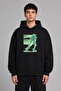 Green Runner Design Front Printed Oversize Black Hooded Sweatshirt