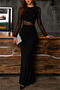 Women's Black Crew Neck Lace Long Sleeve Waist Transparent Detailed Maxi Evening Dress
