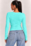 Square Neck Gathered Turquoise Long Sleeve Blouse - 3