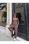 Women's Brown Crew Neck Blouse and Elastic Cuffed Pants Two-Piece Set - 4
