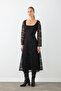 Square Neckline Cordone Lace Long Evening Dress - Black