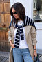 Women's Knitted Square Form Striped Scarf Shoulder Shawl Navy Blue-White 27W5008 - 2