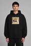 Cat with Glasses Design Pre-Printed Oversize Black Hooded Sweatshirt