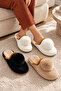 Women's 3-Piece White Mink Black Pompom Detailed Plush 3 cm Winter House Slippers Set Byndtpwrpon01 - 4