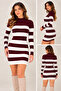 Women's Black and White Striped Ribbed Knit Mini Dress – Long Sleeve High Neck - 2
