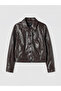Alita City Lcw Modest Brown Faux Leather Plain Oversize Women's Leather Look Jacket with a Difference - 5