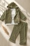 Liva Bebek Khaki Green 3-Piece Set - Hooded Ribbed Cardigan, Giraffe Embroidered Bodysuit and Comfortable Cut Bottom Pants - 3