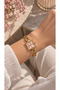 Square Design Pink Dial Stone Detailed Chain Cord Steel Wristwatch (Gold Color) - 2