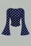 Navy Blue White Polka Dot Boat Neck Spanish Sleeve Gathered Long Sleeve Blouse, Navy Blue Polka Dot Blouse - 2