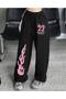 3 Threaded High Waist Pink Floral Printed Unisex Black Sweatpants