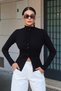 Women's Black Pleated Detailed Buttoned High Neck Knit Sweater - 2