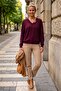 Burgundy V-Neck Long Sleeve Ribbed Collar with Chain Accessory Casual Knitwear Sweater 63 62 - 5