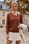 Brown V-Neck Long-Sleeved Casual Knitwear Sweater with Ribbed Collar and Lurex Stripes on the Sleeves 59 56