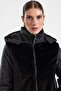 Quilted Coat with Detachable Hood and Plush Detail on the Front Black 6937 - 7