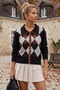 Black Jacket Collar Long Sleeve Diamond Patterned Decorative Buttons on the Front Unfastened Stitched Casual Knitwear Sweater 62 60