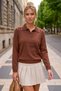 Brown Polo Collar Long Sleeve Half Placket Buttoned Collar Skirt and Embroidered Cuff Knitwear Sweater 64 60 - 4