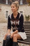 Black Jacket Collar Long Sleeve Diamond Patterned Decorative Buttons on the Front Unfastened Stitched Casual Knitwear Sweater 62 60 - 4