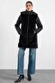 Quilted Coat with Detachable Hood and Plush Detail on the Front Black 6937