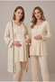 Women's Beige Polka Dot Patterned Lace Detailed Maternity Pajama Set with Nursing Detail and Robe - 4