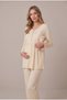 Women's Beige Polka Dot Patterned Lace Detailed Maternity Pajama Set with Nursing Detail and Robe - 2