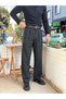 Giesto Pleated Striped Baggy Fabric Trousers Black - 5