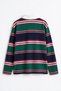 Navy Blue Green Pink Striped Polo Collar Long Sleeve Blouse - 4